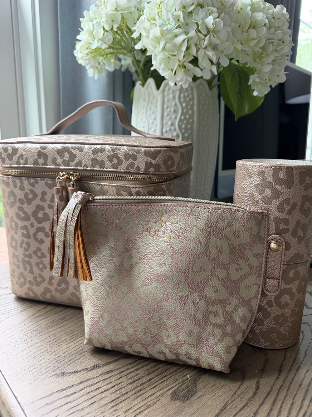 Hollis Leopard Luxe Rose Gold Cosmetic Bag & Brush Holder Set